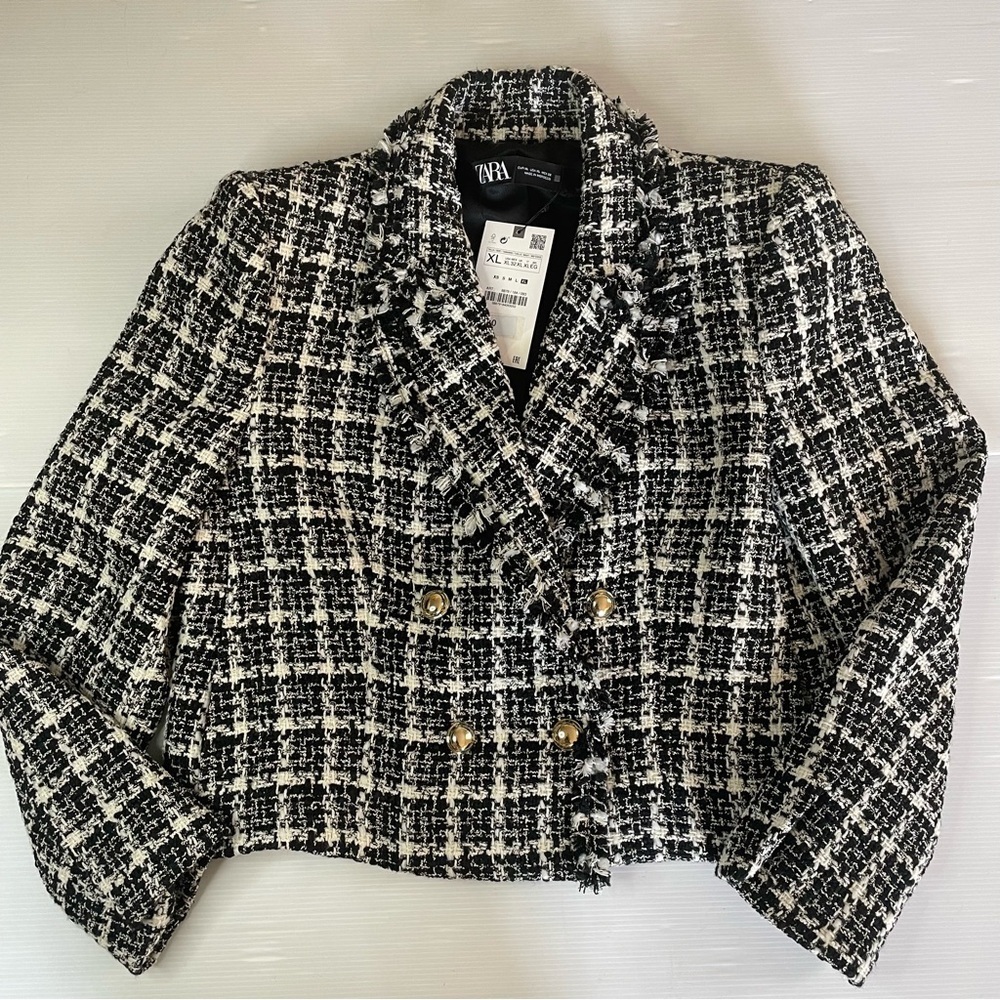 Zara Textured Tweed Houndstooth Black & White Double Breasted Cropped Jacket XL